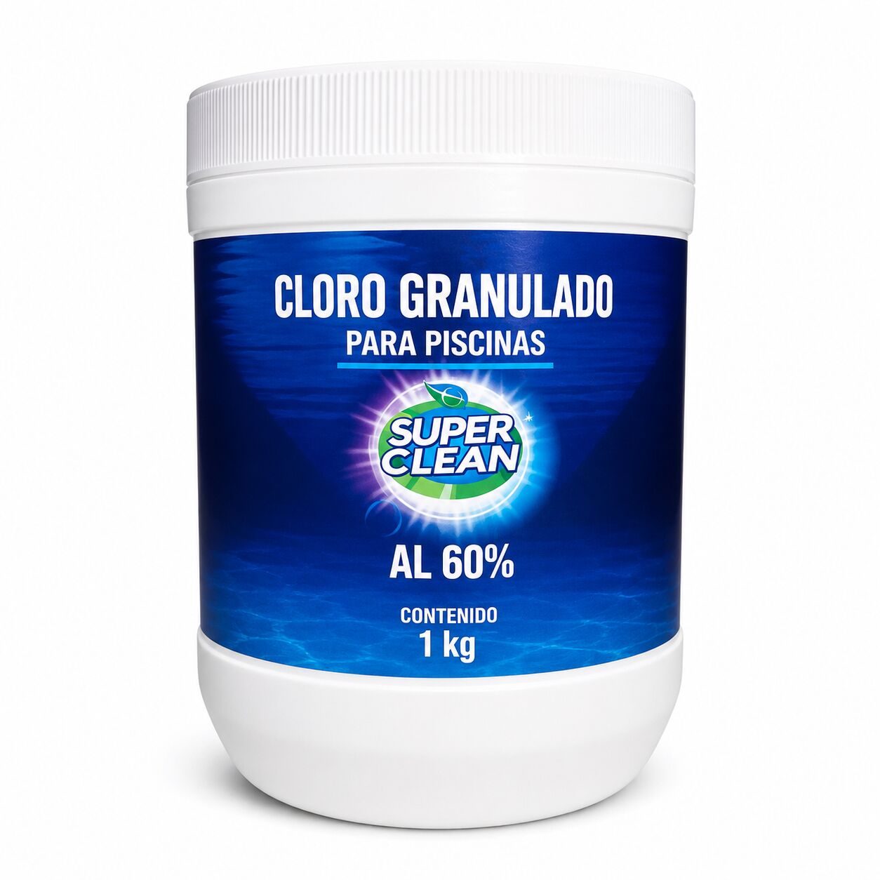 Cloro granulado Superclean al 60 por ciento para piscinas en envase de 1 kilogramo
