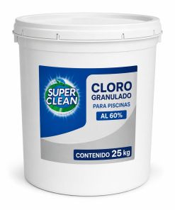 Cloro granulado Superclean al 60 por ciento en cuñete blanco de 25 kilogramos