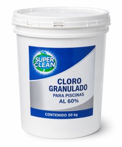 Cloro granulado Superclean al 60 por ciento en cuñete blanco de 50 kilogramos