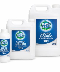 Cloro líquido Superclean de alta concentración al 10 por ciento en envases de 1, 5 y 20 litros