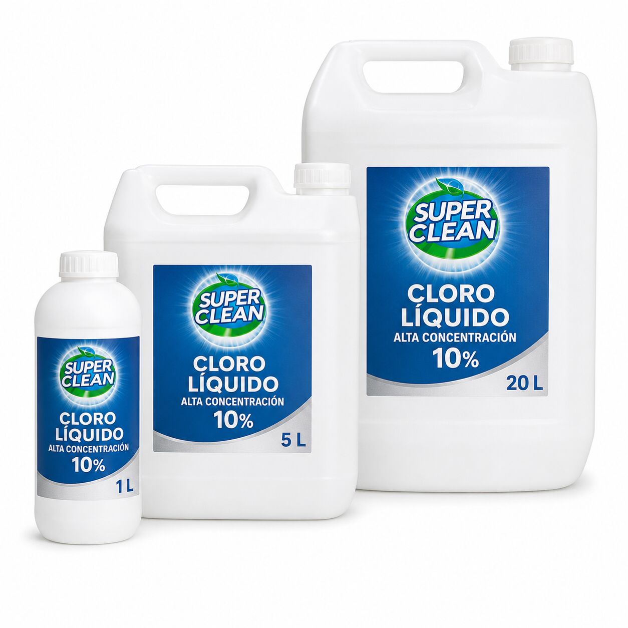 Cloro líquido Superclean de alta concentración al 10 por ciento en envases de 1, 5 y 20 litros