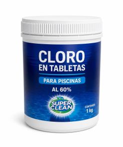 Cloro en tabletas Superclean al 60 por ciento para piscinas en envase de 1 kilogramo